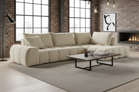 AZITA canapé panoramique bouclé beige en situation – salon loft industriel